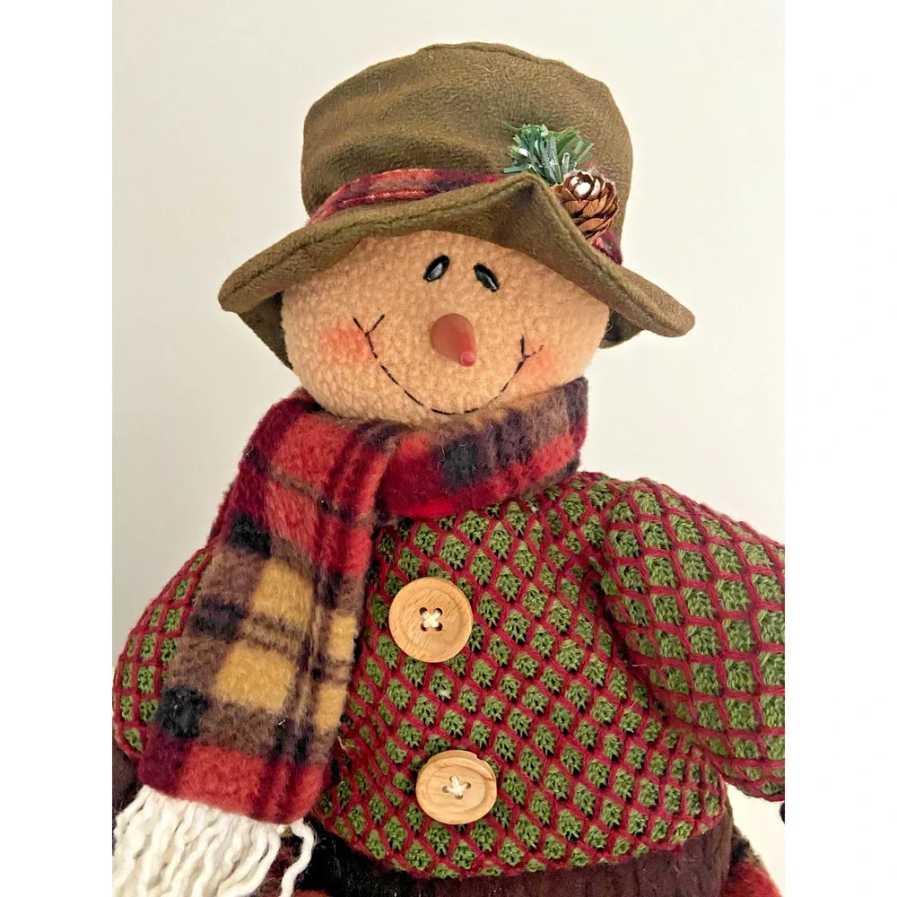 Rustic Brown, Red & Green Flannel Fabric Snowman Shelf Sitter, 19"H - Picture 4 of 8